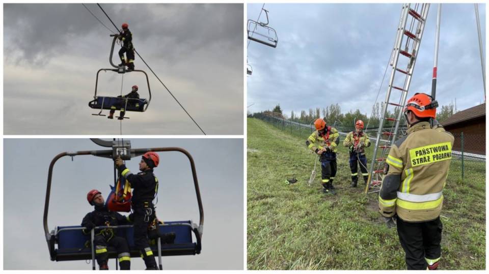 Strażacy na Górze Kamieńsk w akcji ewakuacji kolejki linowej! Mundurowi ćwiczyli przed zimowym sezonem [Foto]